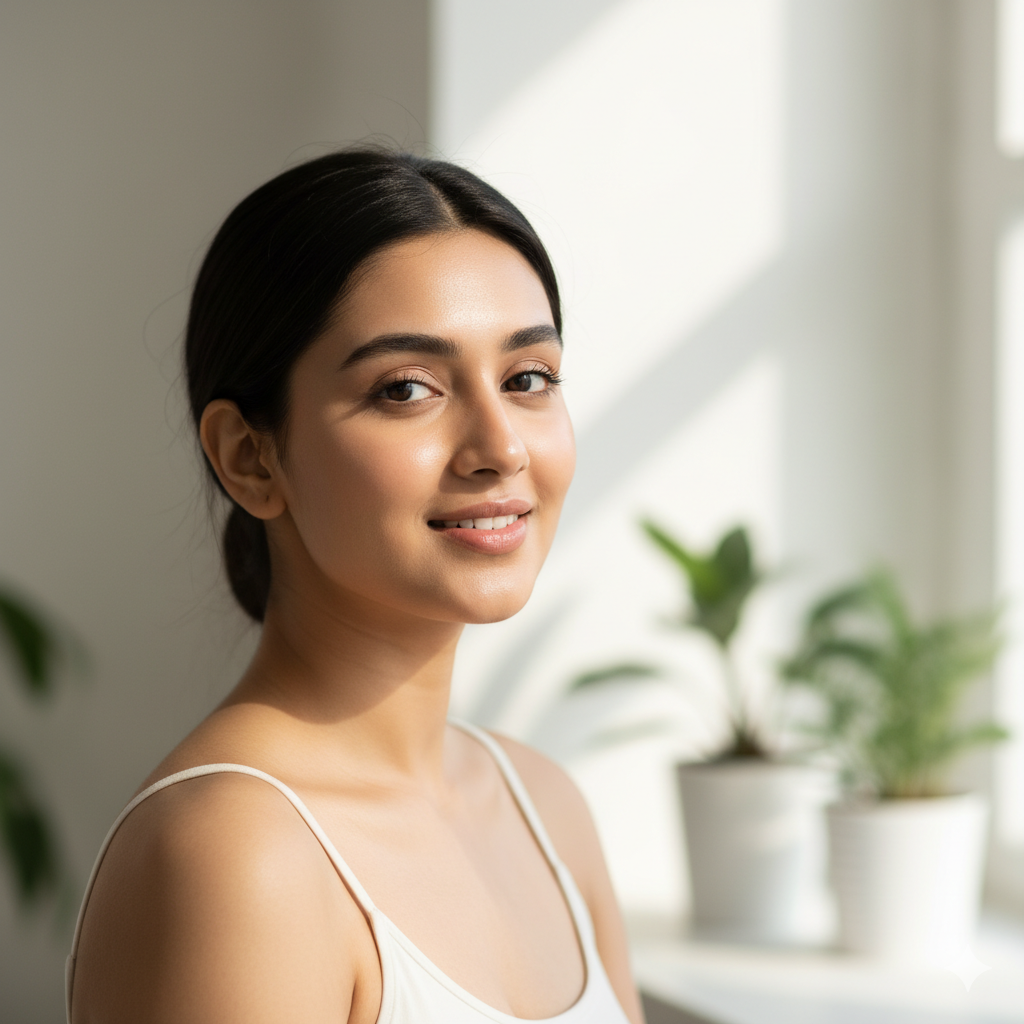 A person happily starting their simple and easy beginner skincare routine.